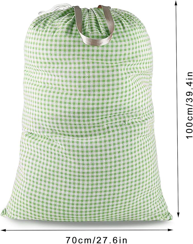 Extra Large Laundry Bag with Drawstring and Handle, Heavy Duty Travel Dirty Clothes Bag for Laundromat and Household, Durable Rip-Stop Laundry Hamper Liner, 28 x 40 Inch, Check Green