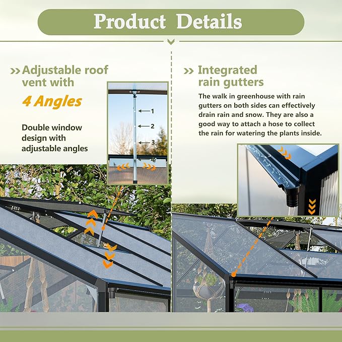 Large Walk-in Clear Polycarbonate Greenhouse with Rain Gutters & Adjustable Roof Vent - Sturdy Aluminum Frame Outdoor Plant House for Vegetable, Flower & Garden Growth-Outbuilding (6x12 ft)
