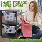Laundry Basket Holder Shelf (2-Tier) - Stackable Engineered Wood Laundry Tower with Wheels, Tiered Laundry Hamper Organizer for Bathroom, Bedroom