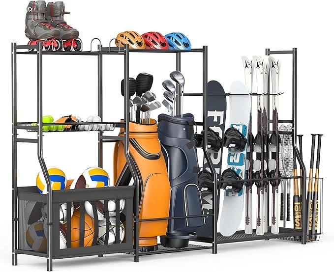 WALMANN Garage Sports Equipment Organizer Stand, Freestanding Ski & Snowboard Storage Rack with Ball Bin and Golf Bag Holder, Multi-Sport Storage for Garage
