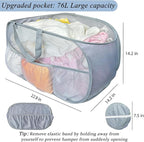 Collapsible Laundry Baskets 2 Pack, Mesh Pop Up Hamper with Handles, Portable Stair Basket, Dorm or Room Folding Bin, Dirty Clothes Hamper Light Breathable. Grey. 2H