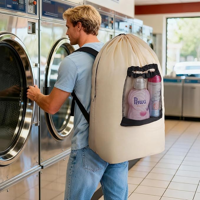 Lifewit Laundry Bag, Extra Large Laundry Backpack with Shoulder Straps and Mesh Pocket for Laundromat, Heavy Duty Laundry Bag Backpack for Dirty Clothes for College Dorm/Travel/Apartment, 90L, Khaki