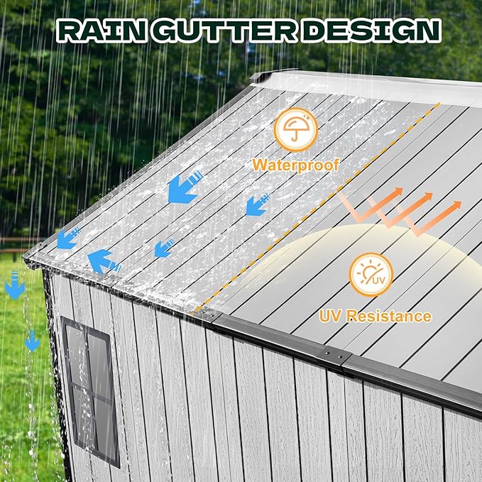 8 x 8 FT Resin Outdoor Storage Shed, All-Weather Plastic Garden Shed with Floor, Lockable Doors & Windows, Plastic Tool Shed for Backyard, Patio, Poolside