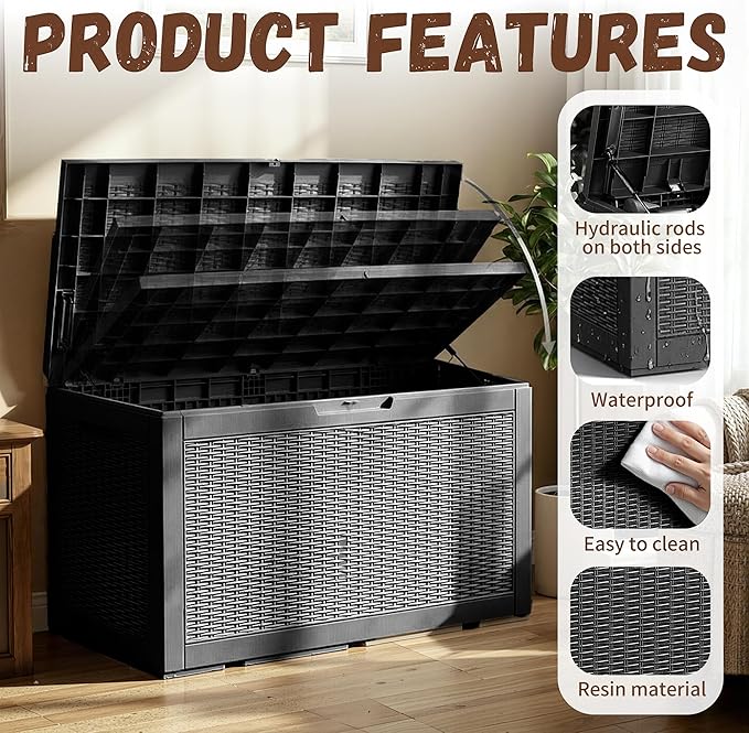 EFU Outdoor Storage Box 100 Gallon Deck Box Resin Outdoor Toy Storage With Lockable Lid, Hydraulic Struts, Rattan Style Package Delivery Boxes for Outside Patio Yard Garden (Black)