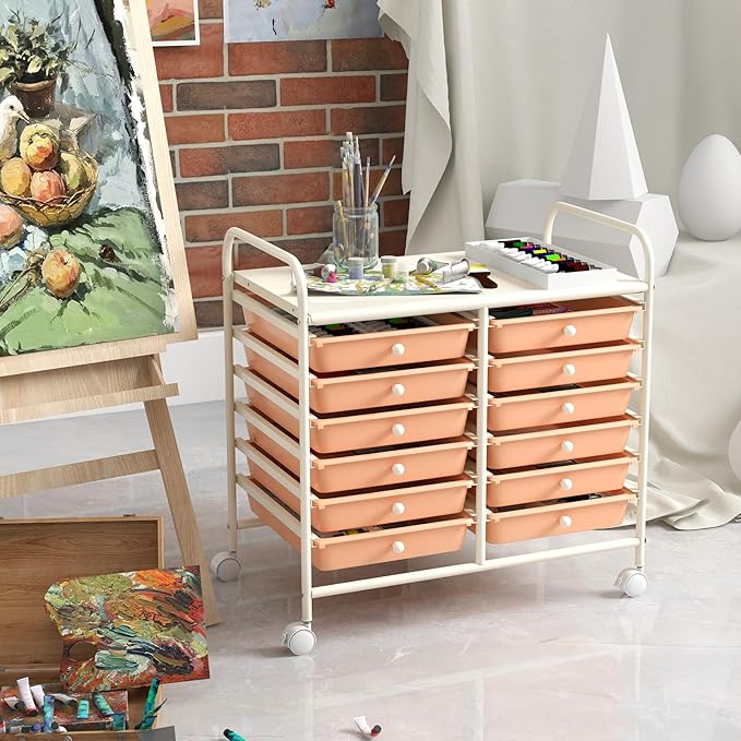 GOFLAME 12-Drawer Rolling Storage Cart, Multifunctional Art Craft Organizer Cart, Mobile Utility Storage Cart with Removable Drawers & Lockable Wheels, Craft Cart for Home Office School, Peach Fuzz