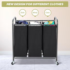 Laundry Sorter Hamper with Wheels, Heavy-Duty Laundry Sorter Rolling Cart, Lockable Wheels and Removable Bags, 3 Sections, Black