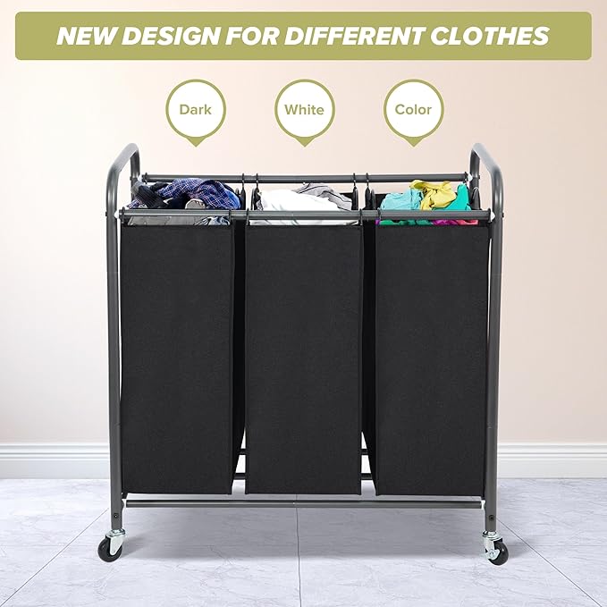 Laundry Sorter Hamper with Wheels, Heavy-Duty Laundry Sorter Rolling Cart, Lockable Wheels and Removable Bags, 3 Sections, Black