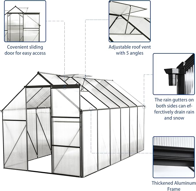 6X12FT Greenhouse for Outdoor, Polycarbonate Greenhouse with Raised Base and Anchor, Heavy-Duty Walk-in Green House with Adjustable Roof Vent and Gutter System for Patio,Backyard (Black, 6x12 FT)