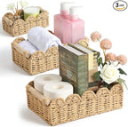 3PCS Scalloped Toilet Paper Storage Basket, Handwoven Paper Rope Bathroom Basket Organizer for Toilet Tank Top, Bathroom & Home Decor with Wooden Handles, Farmhouse Decor, Beige