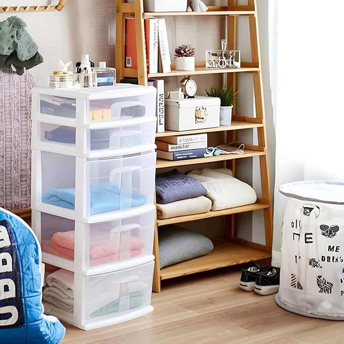 HOMZ 5-Drawer Storage Cart, Clear Plastic Drawers, 14.25" Wide Medium, White Frame - Organizing Drawer Containers for Home, Bathroom, Bedroom, Office, and Classroom