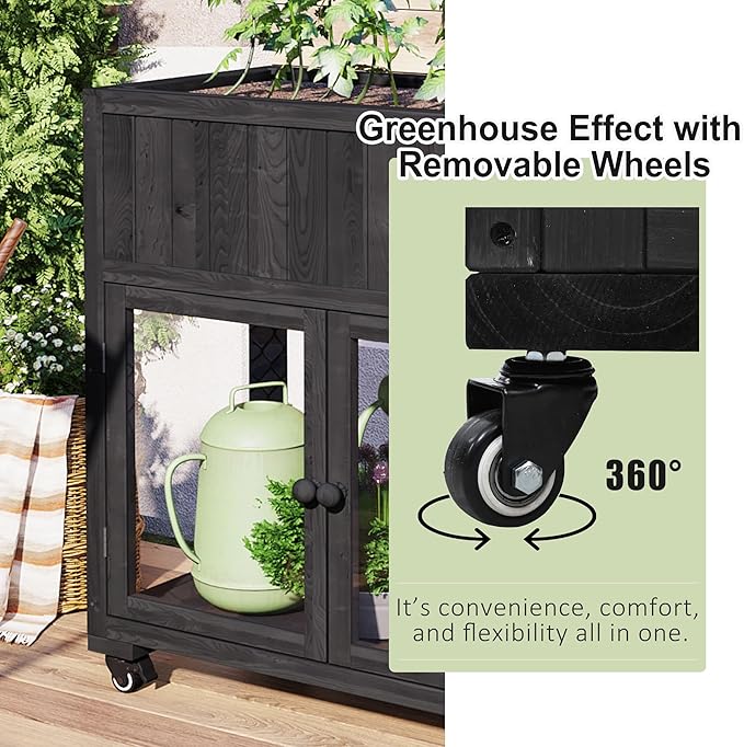 37.4" H Mini Wood Cold Frame Garden Greenhouse with 2 Doors and Wheels, Raised Bed with Liner for Indoor Outdoor Use, Black