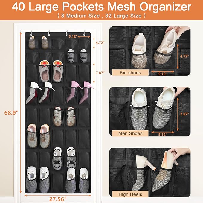 FENTEC 40 Large Pockets Over The Door Shoe Organizer, Mesh Hanging Shoe Organizer Shoe Rack for Closet Mesh Closet Shoe Holder, Over Door Organizer, Shoe Organizer for Wall, Black, 1 Pack