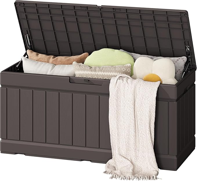 Flamaker Outdoor Storage Box 80 Gallon Resin Waterproof Deck Box Delivery Box with Wood Texture Large Storage Bin for Patio Cushions (Brown)
