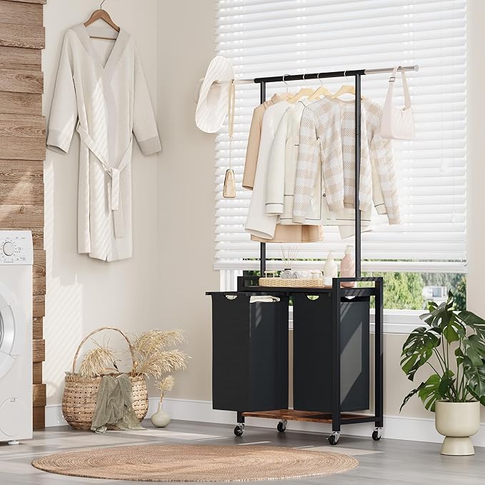 2 Section Rolling Laundry Cart with Hanging Rack & Utility Shelf, Laundry Sorter Hamper with Lockable Wheels, Removable Bags, Bedroom, Laundry Room, Bathroom Organizer