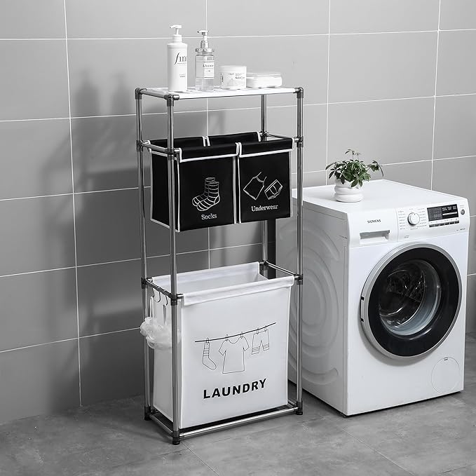 3-Tier Laundry Sorter Hamper with 4 Removable Oxford Fabric Bags, Heavy-Duty Iron Frame, Waterproof MDF Shelves, Side Hooks, 23.2"L x 11.4"W x 53.5"H