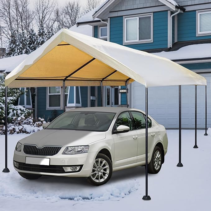 Caravan Canopy Mega Domain Carport with Waterproof Polyethylene Top, Durable Steel Frame, Compression Lock, and Easy Assembly, 10 by 20 Feet, Tan