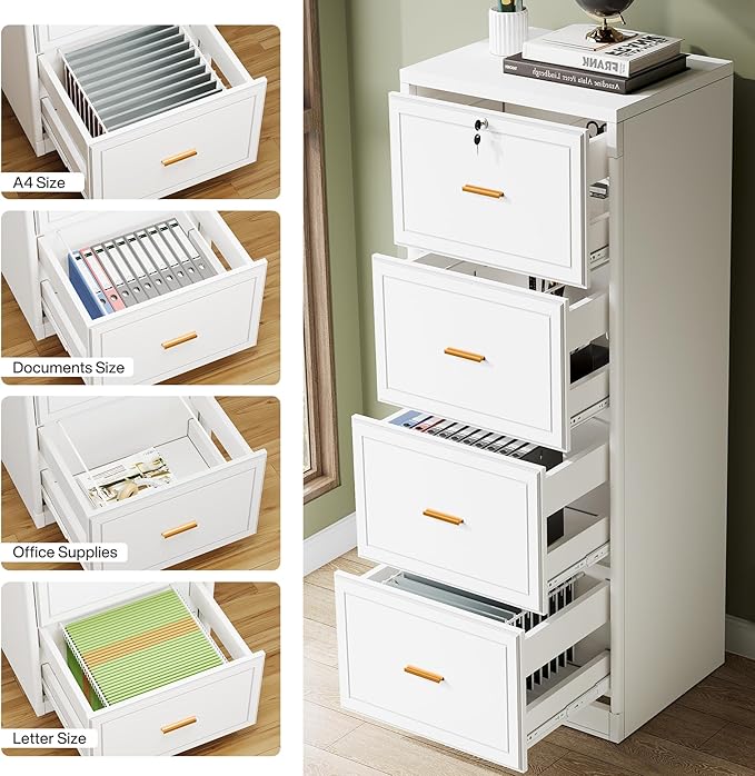Tribesigns 4-Drawer File Cabinet with Lock, Locked File Cabinet with Key, Tall Wooden Filing Cabinets for Home Office, Vertical Office Storage for Legal Size/Letter/A4/Files, White