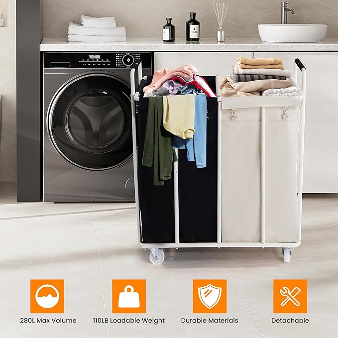 280L 2 Section Laundry Sorter Cart, Rolling Heavy Duty Laundry Sorter, Large Laundry Hamper with Removable Bags for Laundry Room, Bathroom, Hotel, Black & Beige