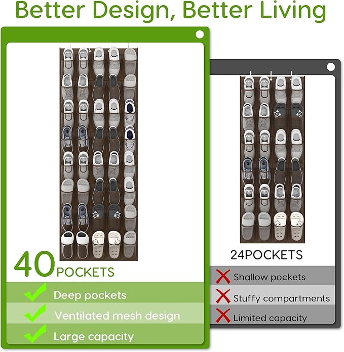 Unjumbly Over the Door Shoe Organizer with 40 Large Breathable Mesh Pockets, Space Saving Shoe Holder, Hanging Shoe Rack for Entryway Bedroom Closet Storage (Brown, 40 Pockets)