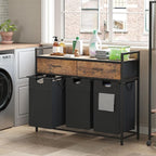 Laundry Sorter with 2 Drawers, 150L with Pull-Out Removable Laundry Bags, Laundry Hamper Baskets with 3 Section and Wheels, Rustic Brown and Black