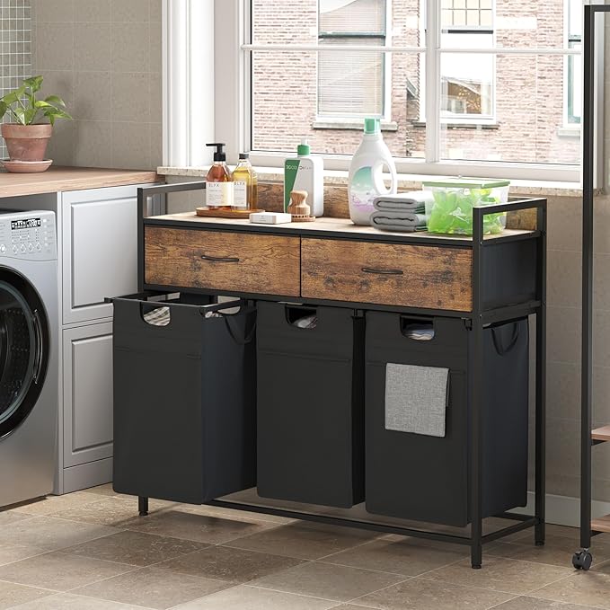 Laundry Sorter with 2 Drawers, 150L with Pull-Out Removable Laundry Bags, Laundry Hamper Baskets with 3 Section and Wheels, Rustic Brown and Black