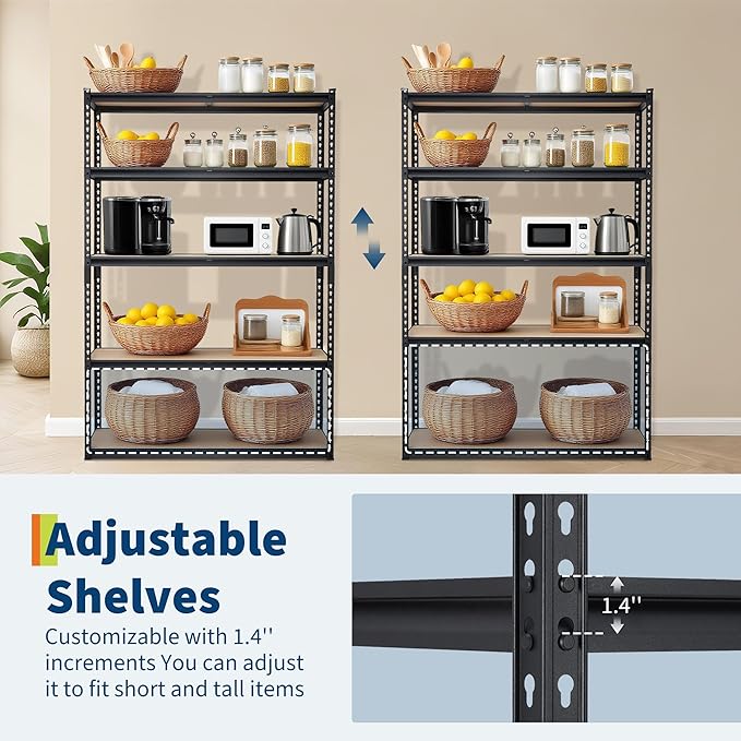 Heavy Duty Garage Storage Shelves, 5-Tier Adjustable Metal Shelving Unit, Up to 2500 Lb Capacity, 48" l x 18" w x 72" h Storage Rack for Kitchen, Pantry, Basement, Bathroom & Laundry