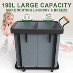 190L (50 Gal) Extra Large Fashion Laundry Hamper 2 Section with Lid, Rolling Laundry Basket Hamper with Handle, Laundry Organizer Storage Cart with Sturdy Metal Frame for Laundry Room,Hotel,Gray