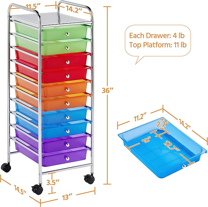 Yaheetech 10 Drawer Cart Rolling Plastic Storage Cart and Organizer Multipurpose Mobile Rolling Utility Storage Organizer for Home Office School and Workshop, Multicolor