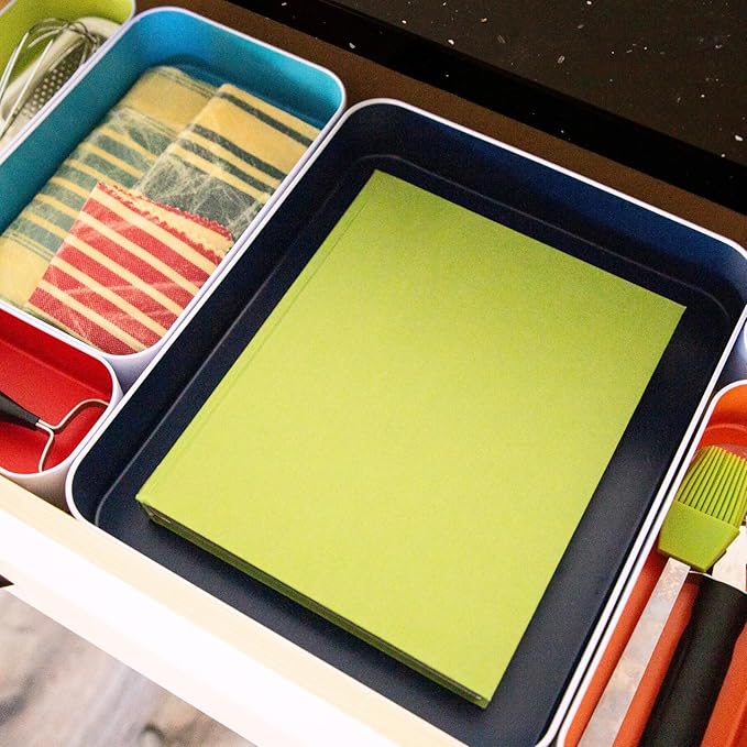 Three by Three Seattle 12 Piece Metal Organizer Tray Set for Storing Makeup, Stationery, Utensils, and More in Office Desk, Kitchen and Bathroom Drawers (Classic Colors)