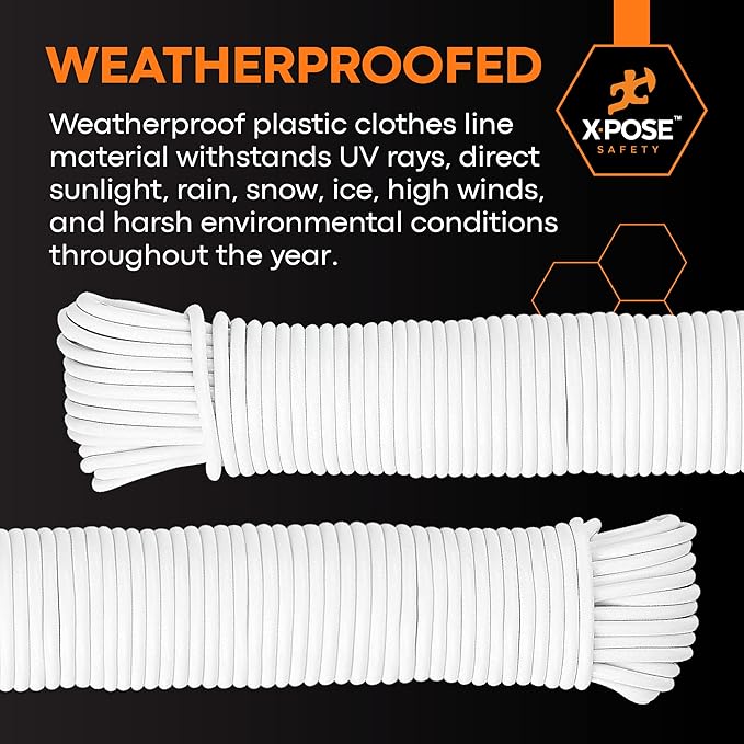 Plastic Clothesline - 100' Plastic Clothes Line - White Outdoor Weather Resistant - Synthetic Cord for Hanging and Drying Clothing & Laundry - Plastic Rope Clothes Line String for Pulley