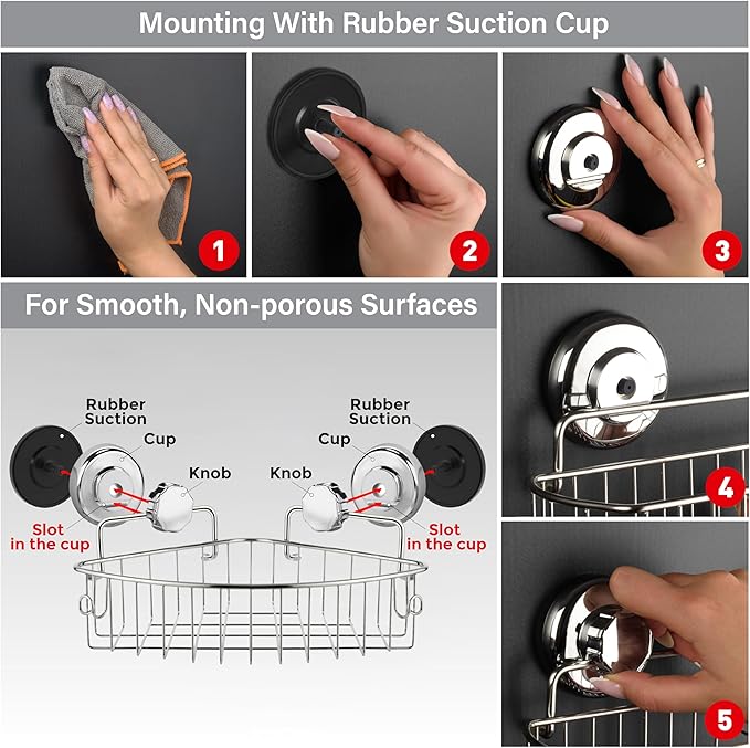 Corner Shower Caddy with Suction Cups and 3M Adhesive Mounting Discs for porous surfaces - Stainless Steel Basket for Bathroom Storage (Chrome)