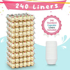 (24 Pack x 10 Sets) Stackable Cupcake Carrier Holders with 240 Pack Cupcake Liners, Plastic Cupcake Boxes Holders for 24 Cupcakes, High Tall Dome Lid Cupcake Containers, Clear Cupcake Trays
