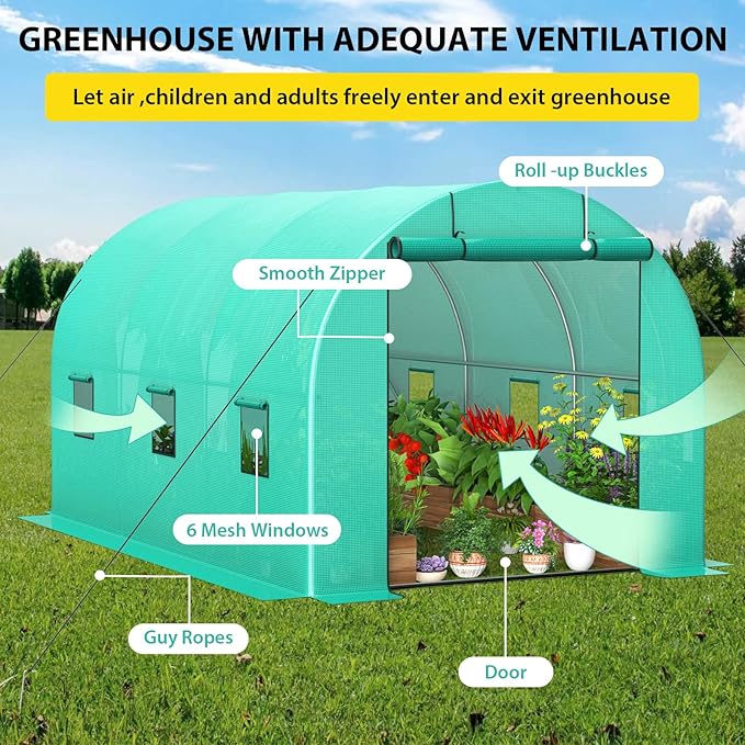 13x8x7 ft Walk-in Tunnel Greenhouse with Galvanized Steel Frame & 6 Mesh Windows, Weather-Resistant Outdoor Plant Hot House for Vegetables, Green PE Cover & Roll-Up Zipper Door
