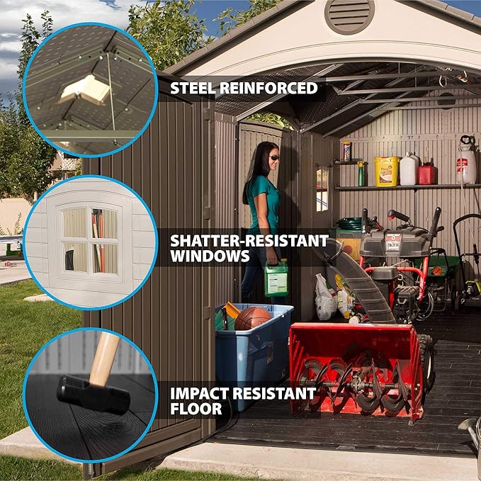Lifetime 15×8 Ft Dual‑Entry Outdoor Storage Shed, Steel‑Reinforced, UV‑Protected, Weather‑Resistant Backyard Garden Shed with Skylights, Windows & Shelving, Desert Sand