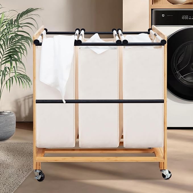 STO STO 3-Section Laundry Sorter with Bamboo Frame, Rolling Laundry Hamper Basket with Removable Bags and Lockable Wheels, Laundry Cart for Clothes Storage in Bedroom & Laundry Room, Beige