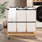 STO STO 3-Section Laundry Sorter with Bamboo Frame, Rolling Laundry Hamper Basket with Removable Bags and Lockable Wheels, Laundry Cart for Clothes Storage in Bedroom & Laundry Room, Beige