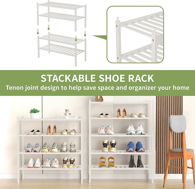 4 Tier Bamboo Shoe Rack for Closet Free Standing Wood Shoe Shelf for Entryway Small Space Stackable 27"x11"x26" (White)