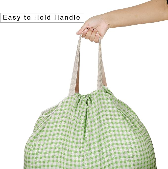 Extra Large Laundry Bag with Drawstring and Handle, Heavy Duty Travel Dirty Clothes Bag for Laundromat and Household, Durable Rip-Stop Laundry Hamper Liner, 28 x 40 Inch, Check Green