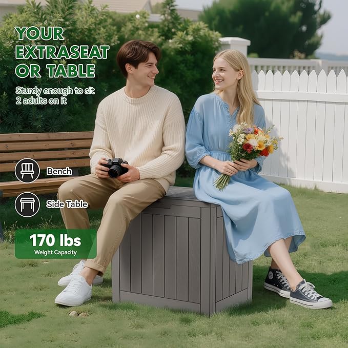 Outdoor Storage Box, Resin Deck Boxes Indoor and outdoor, Waterproof Storage Box Lockable Lid (Grey,31 Gallon)