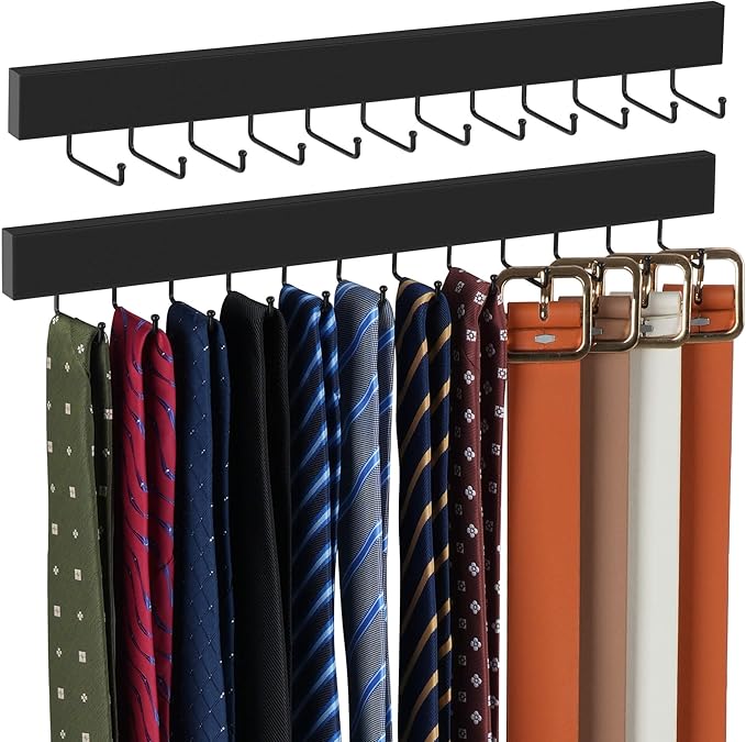 ZEDODIER 2 Pack Wodden Tie Hanger Wall Mounted, Space Saving Belt Organizer for Man with 24 180° Rotating Hooks, Space Saving Belt Storage Holder, Black