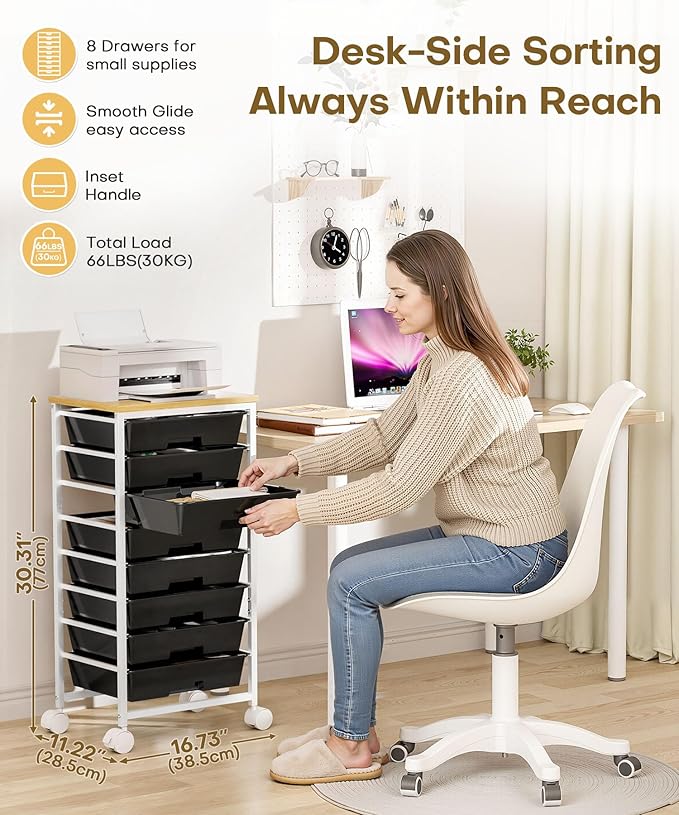 Homde Rolling Storage Drawer Cart: 8-Drawer Sort to Clear Desk & Dresser Clutter - Anti-Fall Smooth Glide Prevents Spill-Out During Daily Grab - Lockable Wheels Keep It Steady