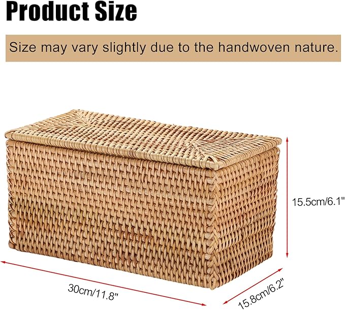 Hipiwe Rattan Basket Box with Lid Toilet Roll Storage Baskets Bin Handwoven Wicker Basket Box Bathroom Toilet Paper Holder Rectangular Baskets Bin for Shelf Home Decor, 11.8"Lx6.2"Wx6.1"H