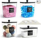 4 Pack Laundry Pods Container with Anti-slip mat, Clear Dryer Sheet Holder, Laundry Room Organization Containers with Black Wooden Lids & Labels, Laundry Detergent Holder for Scent Booster