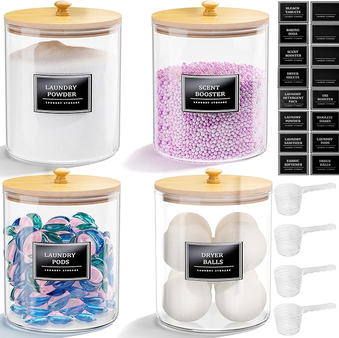 4 Pack Glass Laundry Pods Container, Clear Laundry Room Organization Containers with Lids & Labels, Powder Laundry Detergent Container for Scent Booster, Powder