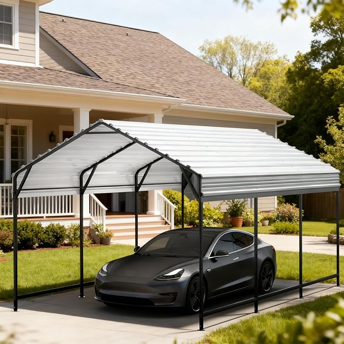 Metal Carport Heavy Duty 10x15ft Outdoor Galvanized Steel Car Port, Vehicle Canopy Garage Shade, Multi-Use Shelter for Car, Boat, Tractors & Outdoor Storage