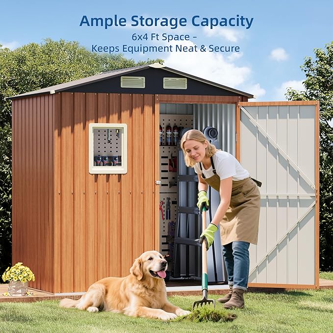 6x4 FT Outdoor Storage Shed, Garden Metal Shed with Lockable Doors & Window, Small Compact Tool Shed for Backyard, Patio & Lawn