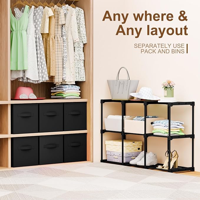 9 Cube Storage Organizer with Shelf Back to School Boxes 11 Inch Toy Storage Bins Closet Organizers Drawers Fabric Dresser for Playroom Books Bedroom Dorm Kitchen (Black)