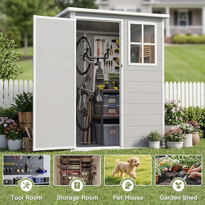 LARBANKE 5×3FT Outdoor Storage Shed with Floor&Window,Waterproof Garden Resin Tool Shed with Lockable Door&Slop Roof&Air Vent,Plastic Storage Shed Suitable for Patio,Backyard,Garden,Gray
