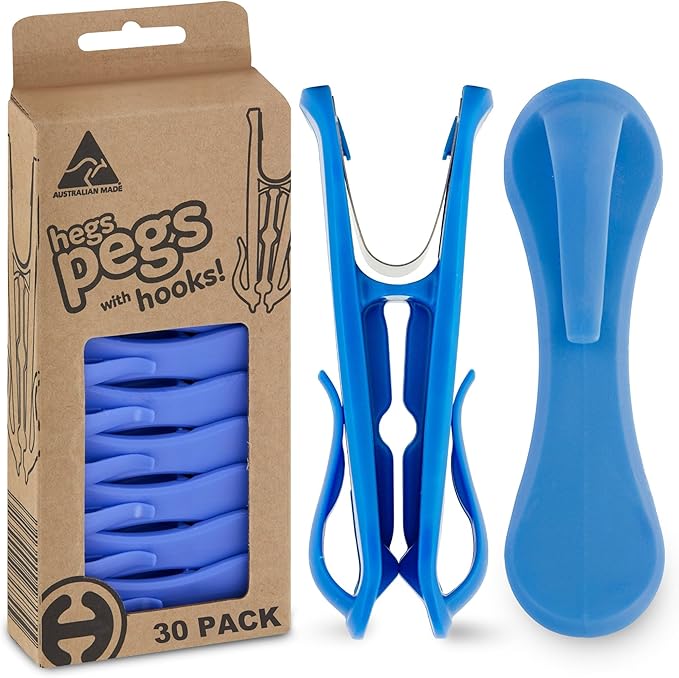 The Smartest Heavy Duty Clothespins with Hooks (30 Pack Bright Blue) - Hang 3 Garments at Once with Our Tough, Dual Hooks Clothes Pins with Anti-Rust Spring - Durable, Colorful Clothespins