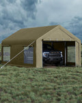Garvee 10x20 ft Portable Garage, Car Port with 200 g PE Tarp Canopy, with 2 Roll-Up Doors and 4 Windows, for Temporary Paint Booth, Boats&Pickups Shed, and Event Shelter, Khaki